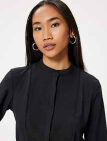 Resim Saten Gömlek Yakasız Uzun Kollu İki Farklı Kumaş Kullanımlı 