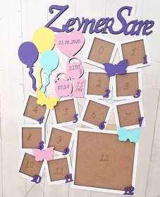 Resim Balonlu Model 12 Ay Ahşap Fotoğraf Çerçevesi Mor 