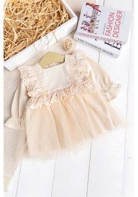 Resim Fistolu Kare Yaka %100 Pamuk Krem Kız Bebek Elbise Özel Gün Doğum Günü Krem 