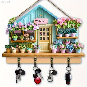 Resim 2D Düz, 1 Adet Çiçekli Kulübe Ahşap Çok Amaçlı Anahtarlık (29.97cm x 22.86cm) Dört Metal Kancalı, Duvar Dekoru, Veranda Süslemesi, Oda Dekorasyonu, Villa Dekoru, Mevsimlik Ev Dekoru, 2D Düz 