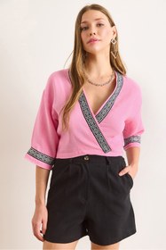 Resim Olalook Kadın Pembe Güpür Şeritli Altı Bağlamalı Müslin Kimono KMN-00000069 