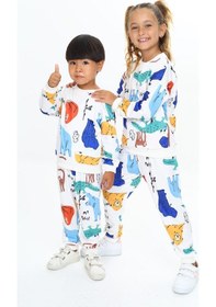 Resim Yumuşak Dokulu 2 İplik Orman Canlıları Karakter Baskılı Alt Üst Eşofman Takımı / Unisex Açık Renk Açık Mavi - Beyaz 