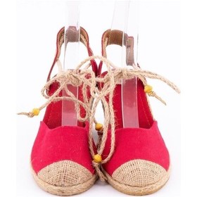 Resim Gerçek Elişi Bilekten Bağcıklı Topuğu Açık Dolgu Topuk Kırmızı Keten Hasır Espadril Handmade Kırmızı 