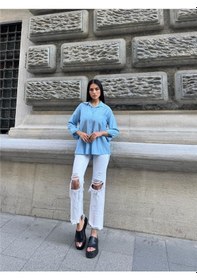 Resim WeShaya Bebe Mavi %100 Pamuk Kırışık Oversize Gömlek Bebe Mavi 