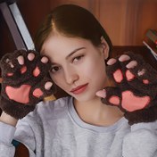 Resim 1 Adet Sonbahar ve Kış Kalınlaştırılmış Peluş Yarım Parmak Eldiven, Kedi Patisi Tasarımlı 