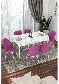 Resim Canisa Kor Serisi 70x114 Açılabilir Mutfak Masası Takımı Beyaz Mermer Desen Masa 6 Mor Sandalye Masa Beyaz Mermer Desenli Sandalyeler Mor 