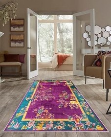 Resim Pelangi Mor Zemin Çiçek Desenli Yıkanabilir Kaymaz Taban Leke Tutmaz Modern Salon Halısı Ve Yolluk, Mor 100 x 300, 74571234100300728 