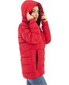 Resim Spor Kadın Kapüşonlu Polarlı Kürklü Su Geçirmez Rüzgara Dayanıklı Şişme Mont Kaban Parka Kırmızı 