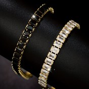 Resim Erkekler için Siyah & Beyaz Dikdörtgen Sentetik Zirkonya Tenis Bilekliği - Altın Tonlu Bakır Zincir Tasarımı ve Uzatılabilir Toka, Haziran Doğum Taşı Hediyesi, Düğünler, Yıldönümleri, Babalar Günü, Noel İçin Dayanıklı Günlük Takı, Şık Aksesuar, Lüks Görünüm 