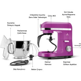 Resim Karaca Mastermaid Chef Pro Çift Kollu Stand Mikser 1750W Mor 5-5,9 lt Kapasite Özellikleriyle 