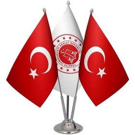 Resim Masa Üstü Adalet Bakanlığı Bayrağı 2 Türk Bayrağı Üçlü Krom Direk 
