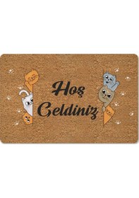 Resim Hoş Geldiniz Yazılır Temalı Kedili Dekoratif Dış Kapı Önü Ve Iç Mekan Paspası Kahve - Krem 