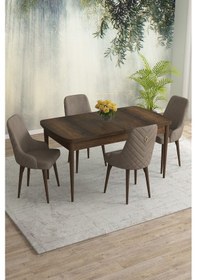 Resim Meri Serisi 80x132 Açılabilir Mdf Barok Ahşap Desen Masa Takımı 4 Krem Sandalye Cappucino 