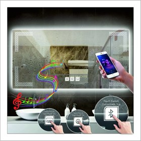 Resim Dnr-Mirror75x105 Cm Günışığı Ledli Tasarım Kumlamalı Dokunmatik Bluetoothlu Buğu Önleyicili Banyo Aynası 