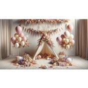 Resim Venspor Pastel Renkli Çiçek ve Balonlarla Süslenmiş Çadır Arkaplan, 200x150cm, Fon, Duvar Örtüsü 