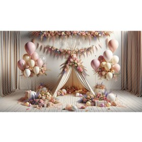 Resim Venspor Pastel Renkli Çiçek ve Balonlarla Süslenmiş Çadır Arkaplan, 200x150cm, Fon, Duvar Örtüsü 