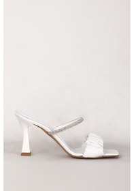 Resim Dericlub 7716 Gerçek Deri Kadın Taşlı Topuklu Terlik Beyaz 