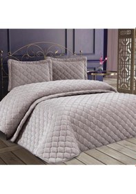 Resim Lima Kadife Dolgulu Çift Kişilik Yatak Örtüsü Gri Gri 