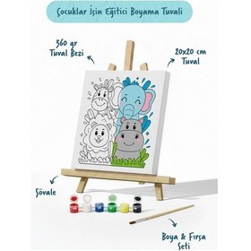 Resim Safari Hayvanları Çocuk Boyama Tuvali Şövaleli Eğitici Boyama Seti 20x20 Cm 