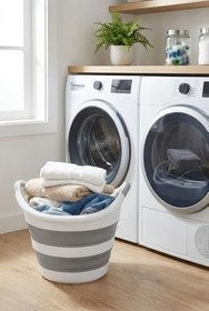 Resim Orret Home 14 Litre Yuvarlak Katlanabilir Akordiyon Çamaşır Selesi İstiflenebilir Kova Çift Kulplu Katlanır Çamaşır Sepeti Çok Amaçlı Plastik Kova 