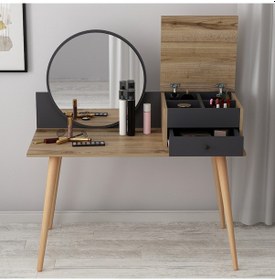 Resim Angel Aynalı Fonksiyonel Makyaj Masası – Çekmeceli ve Gizli Takı Bölmeli, Antrasit 
