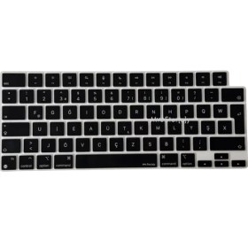 Resim Mena Rise MacBook Klavye Koruyucu Türkçe F-Dizayn Yeni-F Baskılı Uk-Ters L Enter Tipi Air 13,6-15,3inç- Pro 14,2-16,2inç M1-M2-M3-M4 Pro Max Uyumlu, Silikon Ince Hafif Ultra Ince Tasarım Siyah 
