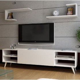 Resim aden home senin evin senin dünyan Harvey Modern TV Ünitesi, Kitaplıklı Raflı TV Ünitesi, Beyaz Tasarım Ayaklı %100 MDF, TVU08 