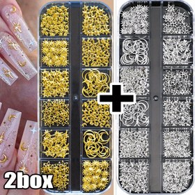 Resim 2Box Gümüş+Altın Yıldızlar Ay Güneş Perçinleri Tırnak Süsleri 3D Aolly Starlight Boş Pentagram/Ay Çivileri Manikür Dekorasyonu 