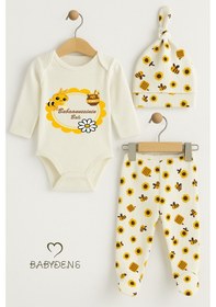 Resim Babyden's Babaannesinin Balı Yazılı 3lü Bebek Takımı Arı Desenli Şapkalı Patikli Bebek Takımı Uzun Kol Unisex Ekru 