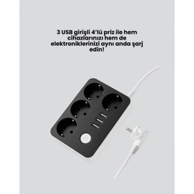 Resim Marsilyan- 3 USB Çıkışlı 4’lü Akıllı Priz 2500W 2 Metre Kablo 