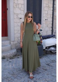 Resim Kadın Sıfır Kollu Bisiklet Yaka Viskon Elbise Yeşil 