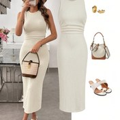 Resim Kadınlar için Orta Doğu Esintili Dar Kesim Kolsuz Midi Etek - Esnek Polyester ve Elastan Karışımı, Makinede Yıkanabilir, Düz Renk, Bahar/Yaz Günlükten Resmi Giyime 