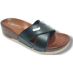 Resim Capri 9002-25 Deri Çapraz Bant Dolgu Capri Tokalı Kadın Terlik Siyah 