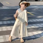 Resim Genç Kızlar için %100 Pamuk Yeni Set: Tam Vücut Nakışlı Hollow-Out Düzensiz Yelek Üst + Elastik Bel Geniş Paça Pantolon, Dış Mekan İçin Mükemmel 