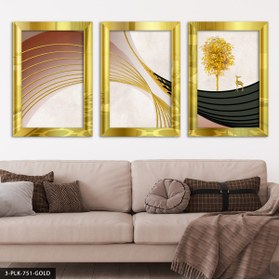 Resim Burshe Modern Sanat Gold Ağaç ve Geyik 3 Parça Gold Pleksi Aynalı Tablo 