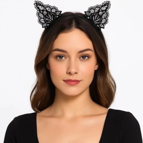 Resim Dantelli Siyah Kedi Tacı - Vintage Tarz Dantel Kedi Kulak 