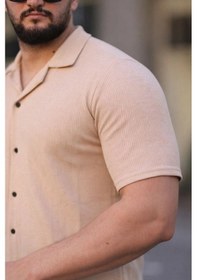 Resim Erkek Waffle Kumaş Kısa Kollu Düğmeli Açık Yaka Regular Fit Gömlek - Bej Bej 