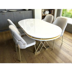 Resim Msy Home 4 Kişilik Ada Gold Serisi İroni Masa Yönsüz Kumaş Lüks Ve Modern Yemek Odası Takımı Krem 