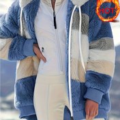 Resim Kadınlar için Peluş Sahte Kürk Kapüşonlu Ceket - Mavi/Bej/Beyaz/Siyah Tasarımlı Bol Kesim Renk Blok Mont, Uzun Kollu Kış Sıcaklığı, Makinede Yıkanabilir Günlük ve Resmi Kıyafetler İçin, Bayanlar Sonbahar Katman Parçası, Resmi Soğuk Giyim, Çizgili Kabartma Detayları, Dayanıklı Dış Mekan Giysisi 