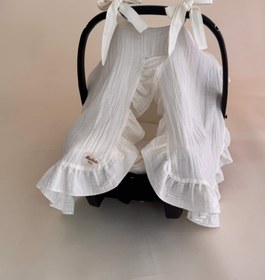 Resim Fırfırlı Puset Örtüsü ve Minderi - 2 Katlı Organik Muslin Krem 