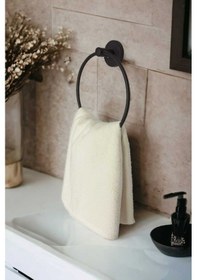 Resim Yapışkanlı Banyo Aksesuar Seti Yuvarlak Havluluk Kapaklı Tuvalet Kağıtlığı Bornozluk Siyah 