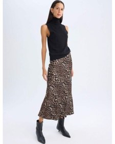 Resim DeFacto A Kesim Leopar Desenli Normal Bel Saten Midi Etek D7648AX24AUBK81 Siyah 