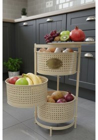 Resim 3 Katlı Tepsili Metal Sebzelik Açılır Metal Patates Soğan Meyvelik Sepeti Rafı Krem Krem 