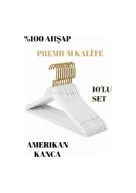 Resim Faravis Atelier Beyaz Meşe Ahşap Lüks Askı Kıyafet Elbise Gömlek Ve Pantolon Askısı Amerikan Kanca 10 Adet 