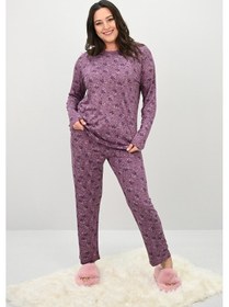 Resim Kadın Büyük Beden Çiçek Desenli Uzun Kollu Pijama Takımı 4235-25 Siyah 