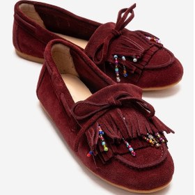 Resim Luvishoes Evelyn Bordo Süet Hakiki Deri Püsküllü Boncuklu Kadın Loafer Ayakkabı 
