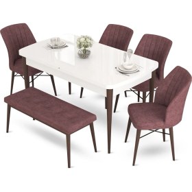 Resim Canisa Concept Aya Serisi 80 x 132 cm Beyaz Masa Ceviz Ayak Mutfak Masa Takımı 4 Sandalye 1 Bench 