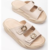 Resim Kadın Dolgu Taban Terlik Bej 2 Bantlı Suni Deri-3847 Bej 