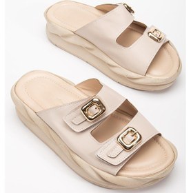 Resim Kadın Dolgu Taban Terlik Bej 2 Bantlı Suni Deri-3847 Bej 