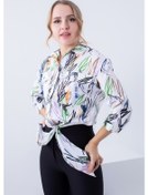 Resim Kadın Büyük Beden Cepleri Aksesuarlı ve Pat Ucu Kuşgözü Detaylı Truvakar Kollu Gömlek Çok Renkli 